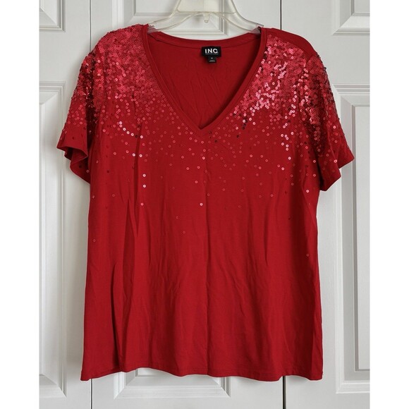INC INTERNATIONAL CONCEPTS WOMEN'S TOPS RED SEQUIN V-NECK SHORT SLEEVE PULL ON - Picture 2 of 6